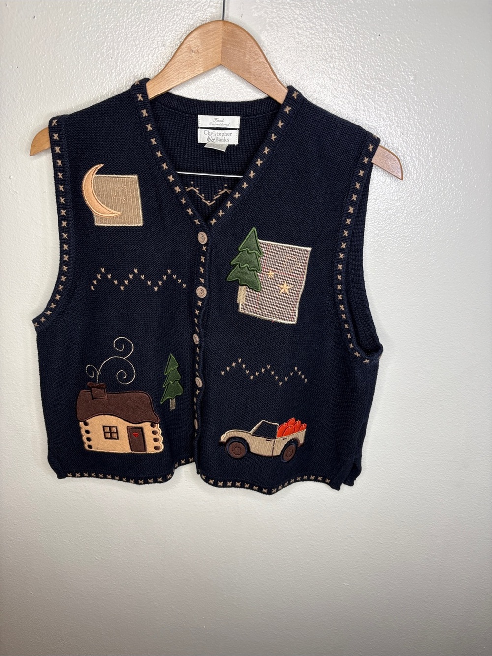 Christopher & Banks Navy Knit Fall Kitschy Button Ramie Vest Women Size XL